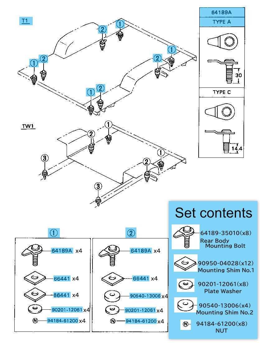 TOYOTA HILUX LN110 '93- Genuine R/Body Mounting Bolt & Shim & Washer & Nut Set