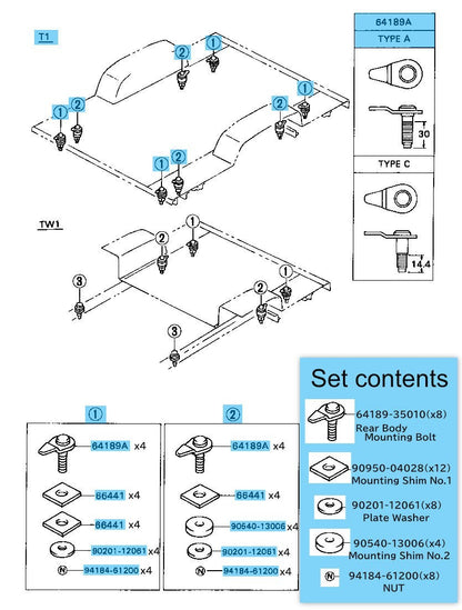 TOYOTA HILUX LN110 '93- Genuine R/Body Mounting Bolt & Shim & Washer & Nut Set