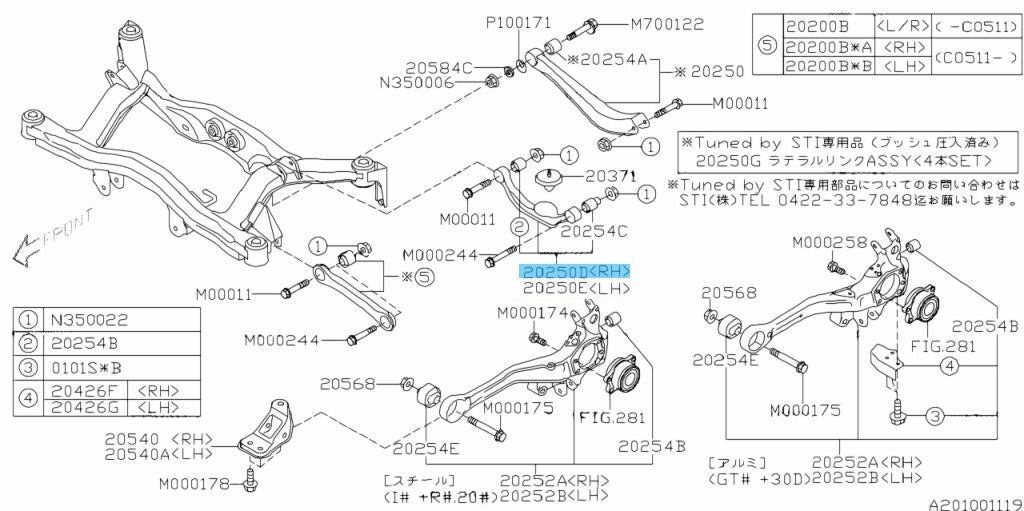 SUBARU OUTBACK BP# 07-09 Genuine Rear Upper Lateral Link Assy Right 20250AE031