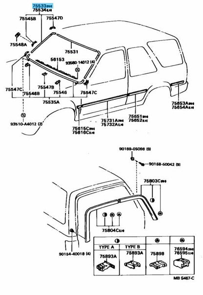 TOYOTA 4RUNNER VZN1#0 89-95 Genuine Outside Windshield Moulding RH 76503-89104