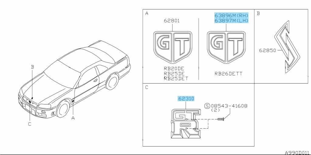 NISSAN SKYLINE GT-R BNR34 R34 Genuine Front "GT-R" & Side "GT" Emblem Badge OEM