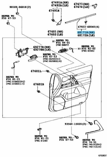 TOYOTA LAND CRUISER LX570 Genuine Front Door Glass Inner Weatherstrip Right OEM