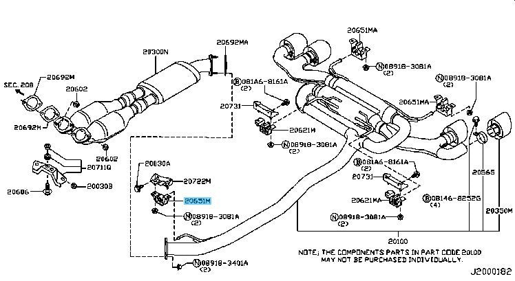 NISSAN GT-R R35 '09-24 Genuine Exhaust Mounting Rubber Fr/Center 20651-JF00A OEM