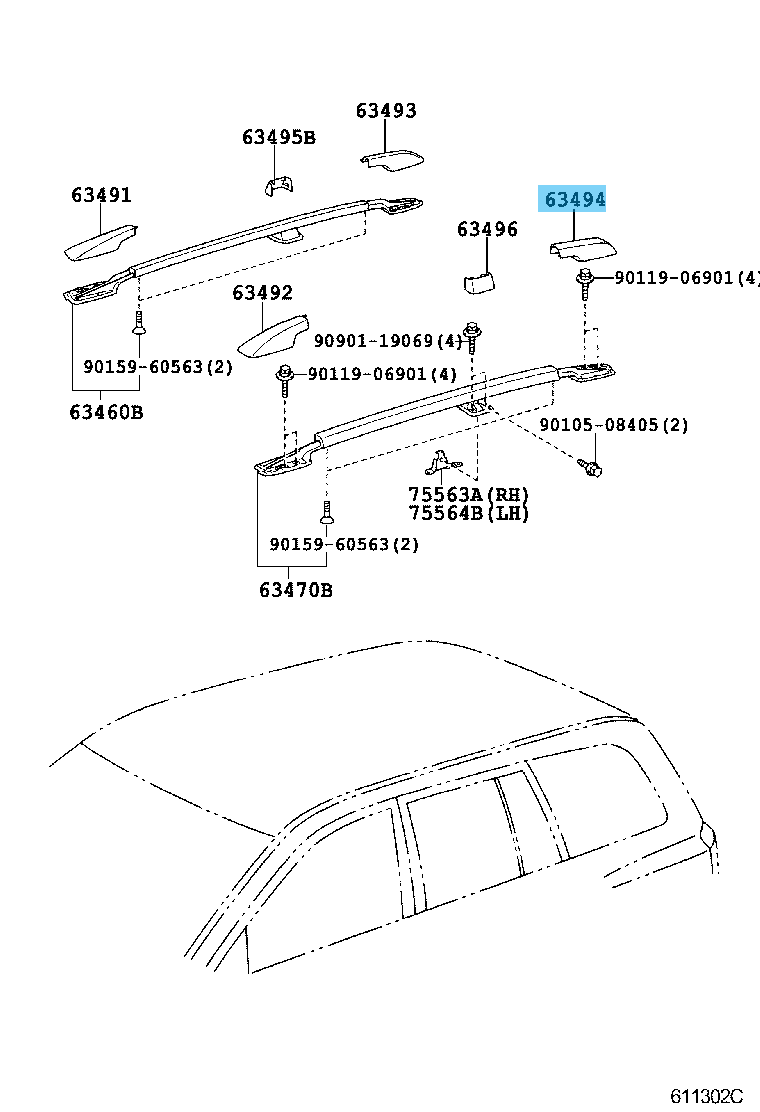 TOYOTA HIGHLANDER ACU20 01-07 Genuine Roof Rack Leg Cover Rear LH 63494-48010