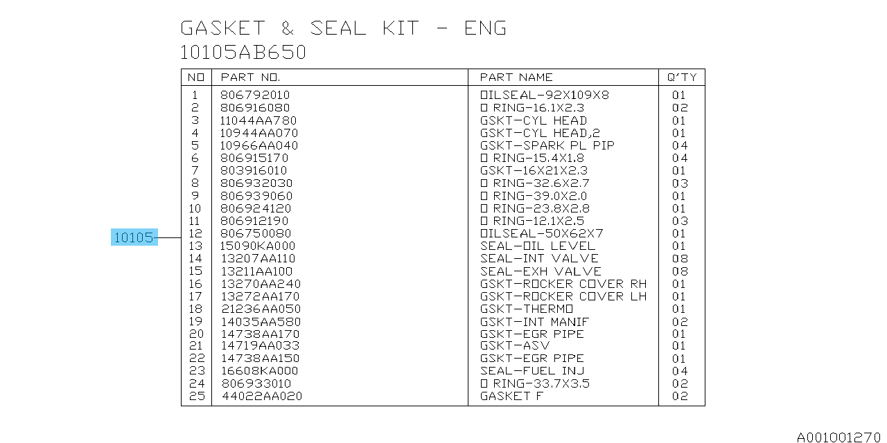 SUBARU XV Crosstrek GP 13-15 Genuine Engine Gasket & Seal Set 10105AC601 OEM