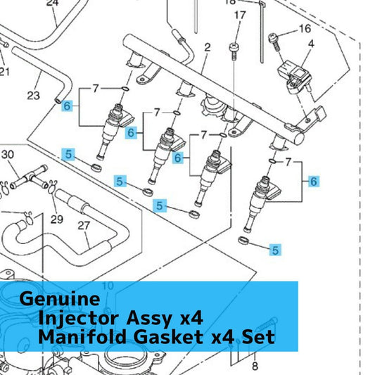 YAMAHA YZF-R6 2006-2020 Genuine Injector Assy(x4) & Manifold Gasket(x4) Set OEM