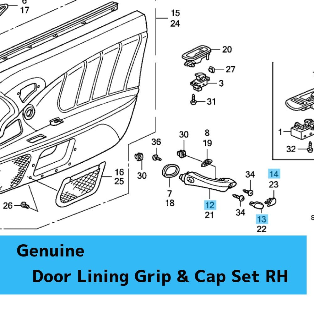 HONDA S2000 AP1 AP2 2000-2009 Genuine Door Lining Grip & Cap Set RH BLACK OEM