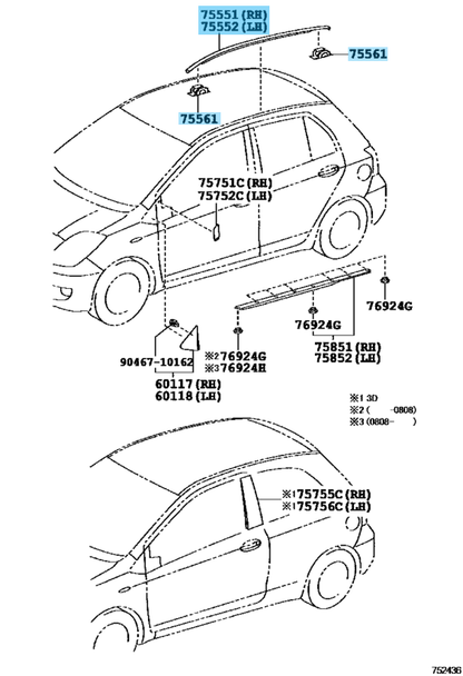 TOYOTA YARIS 2006-2011 3D 4D Hatchback Roof Drip Moulding RH & LH & Clip Set OEM