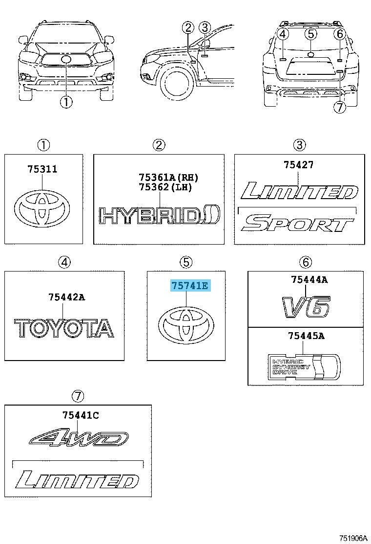 TOYOTA HIGHLANDER GVU48 2010-2013 Genuine Rear Symbol Emblem 75403-48010 OEM