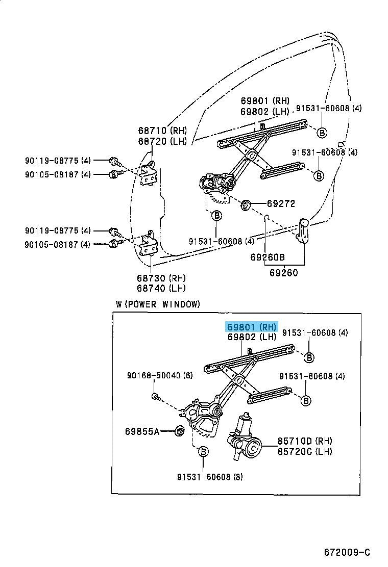 TOYOTA RAV4 ACA21 '01-05 Genuine Front Door Window Regulator RH 69801-42050 OEM
