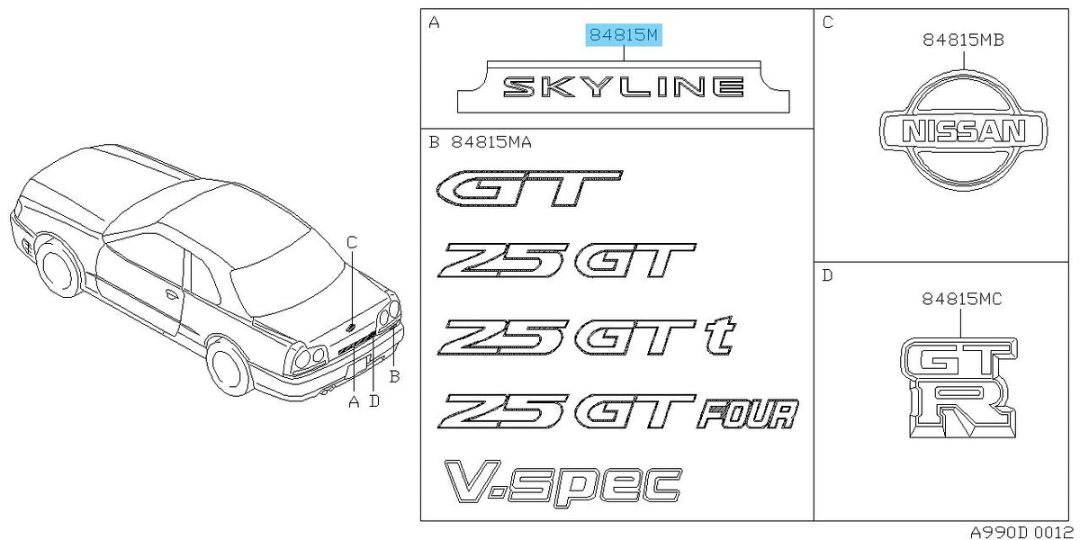 NISSAN SKYLINE R34 1998-2000 Genuine Trunk Lid Emblem "SKYLINE" 84895-AA100 OEM