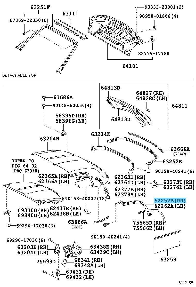 TOYOTA MR2 Spyder ZZW30 00-02 Genuine Side Window Weatherstrip RH 62252-17010