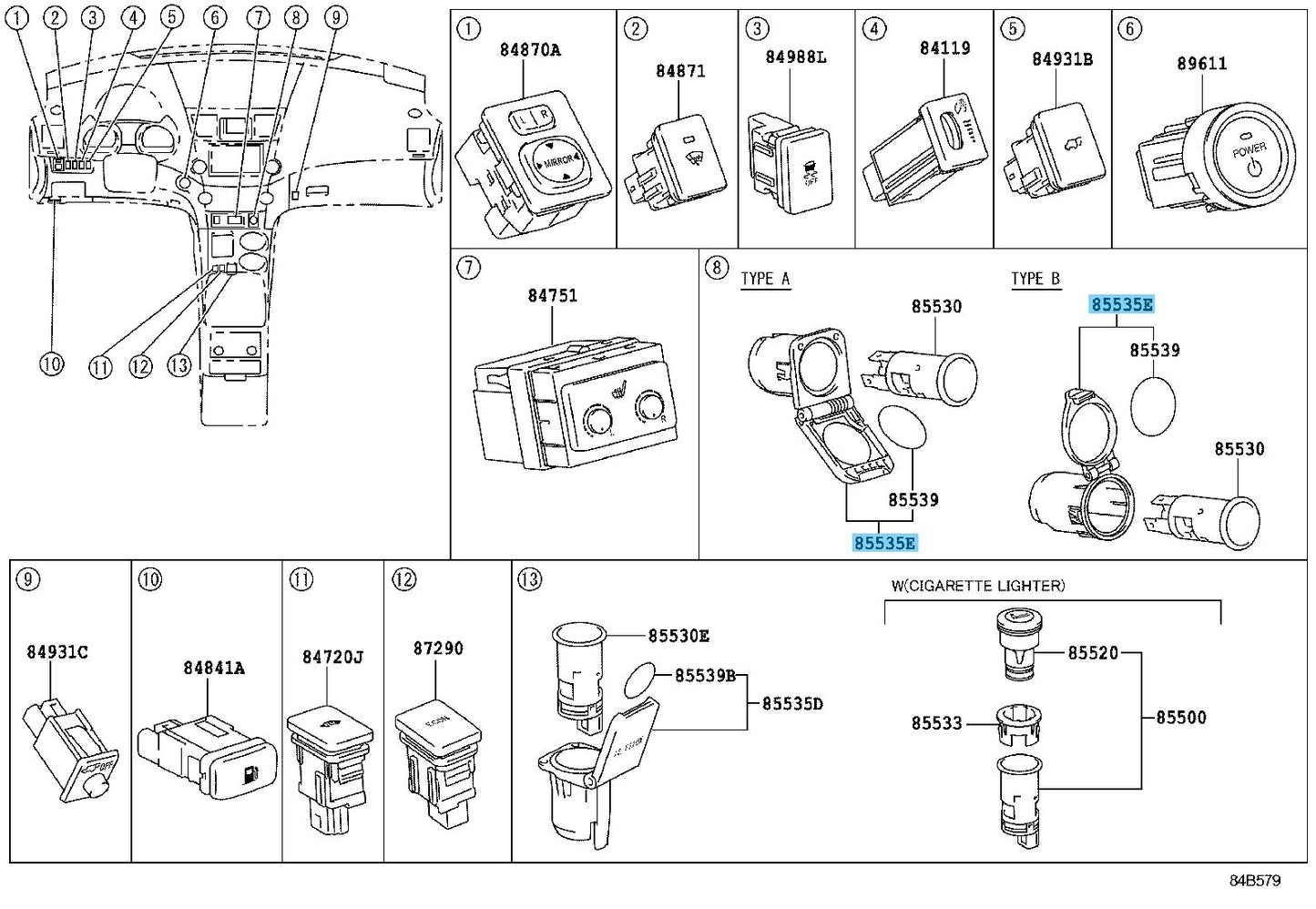 TOYOTA HIGHLANDER GSU40 08-13 Genuine Power Outlet Socket Cover 85535-33060 OME