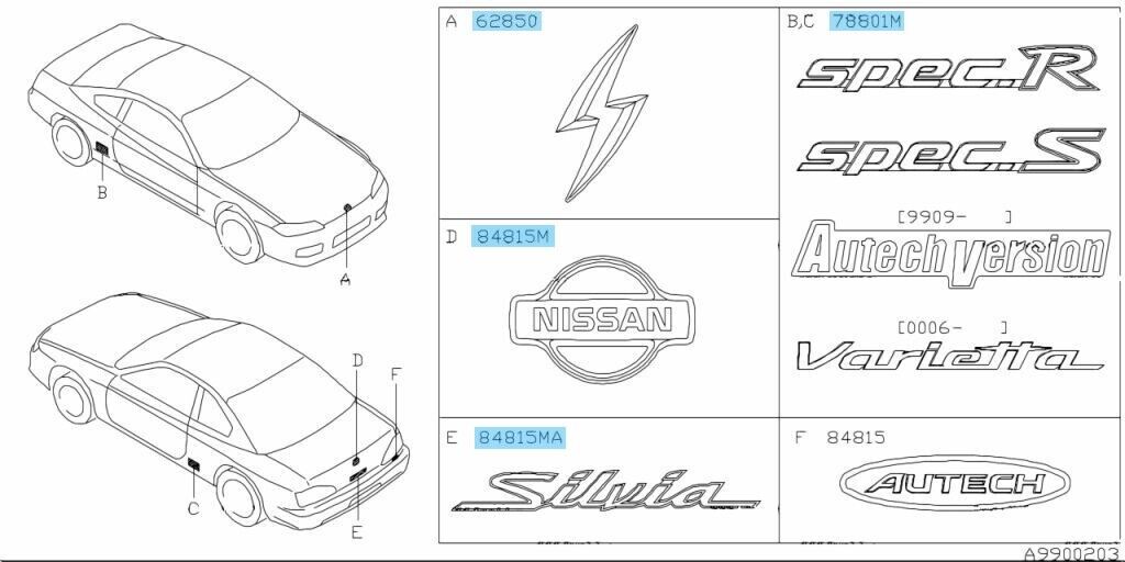 NISSAN SILVIA S15 Genuine Front & Side & Rear Emblem Badge Set of 5 OEM