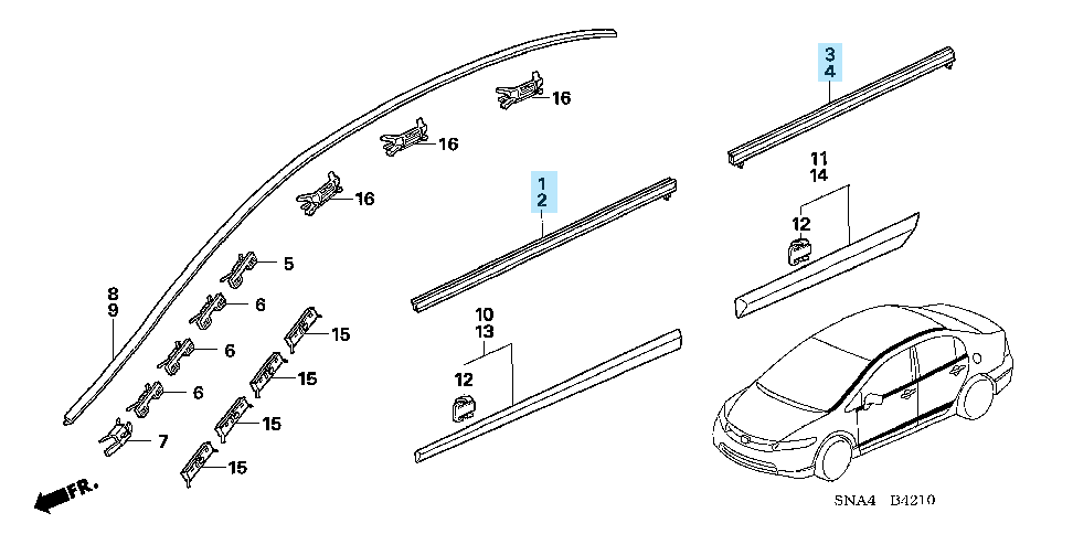 HONDA CIVIC FD1 FD2 Genuine Door Window Molding Front & Rear Right & Left Set