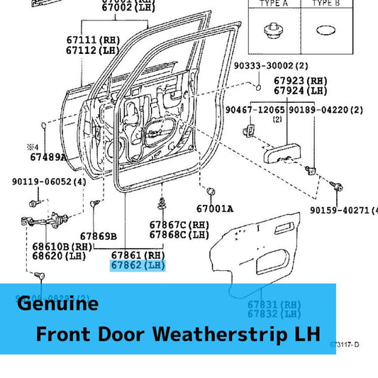 TOYOTA SCION NCP31 '04-05 Genuine Front Door Weatherstrip LH 67862-52041 OEM