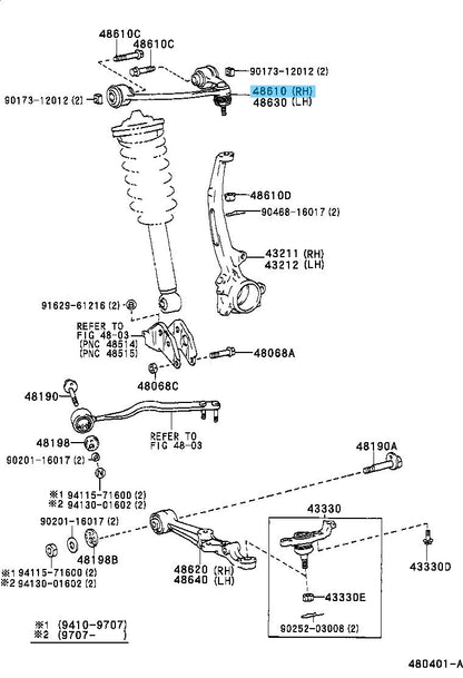 LEXUS LS400 UCF20 95-00 Genuine Front Suspension Upper Arm RH 48610-59015 OEM