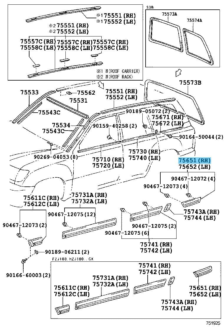 TOYOTA LAND CRUISER UZJ100 2003-2007 Genuine Quarter Outside Moulding RH OEM