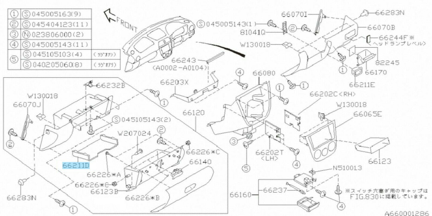 SUBARU FORESTER SG# IMPREZA GD# RHD Genuine Shelf In Glove Box 66211FE000 OEM
