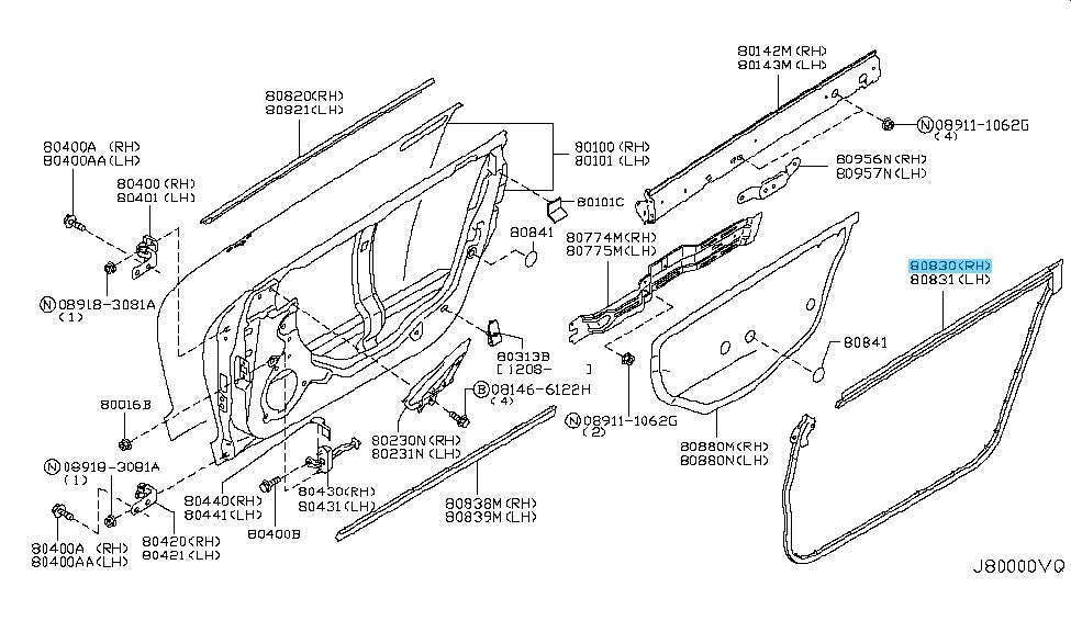 NISSAN GT-R R35 2009-2021 Genuine Front Door Weatherstrip RH 80830-62B0A OEM