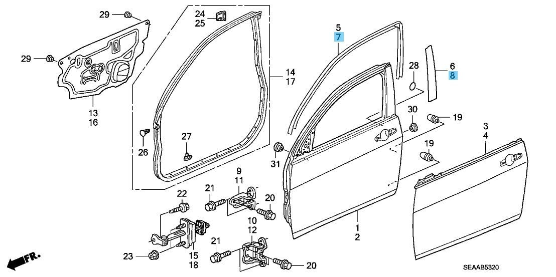 HONDA ACURA TSX '04-08 Genuine Front Upper & Center Door Sash Tape Set LH OEM